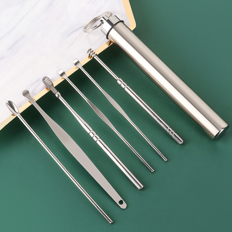 Ear scoop 6-piece set factory wholesale spiral spring ear picking tool set portable adult ear scoop