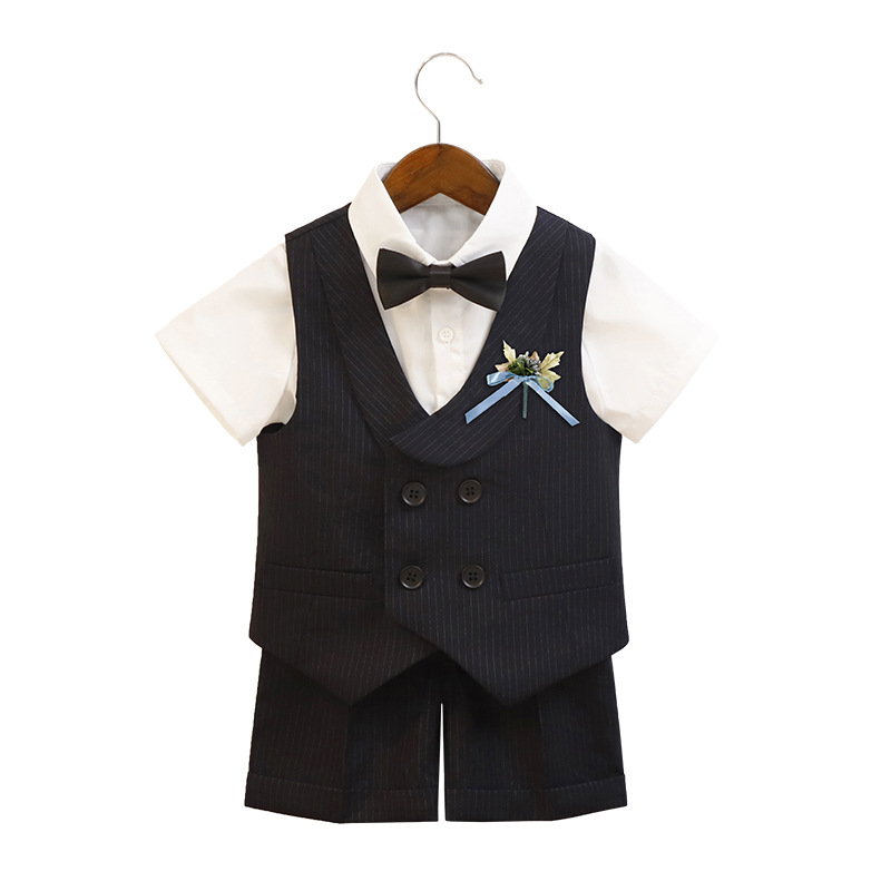 Children's Suit Spring and Summer British Style Striped Vest Short-sleeved Suit Boys' Host Performance Suit Children's Flower Dress