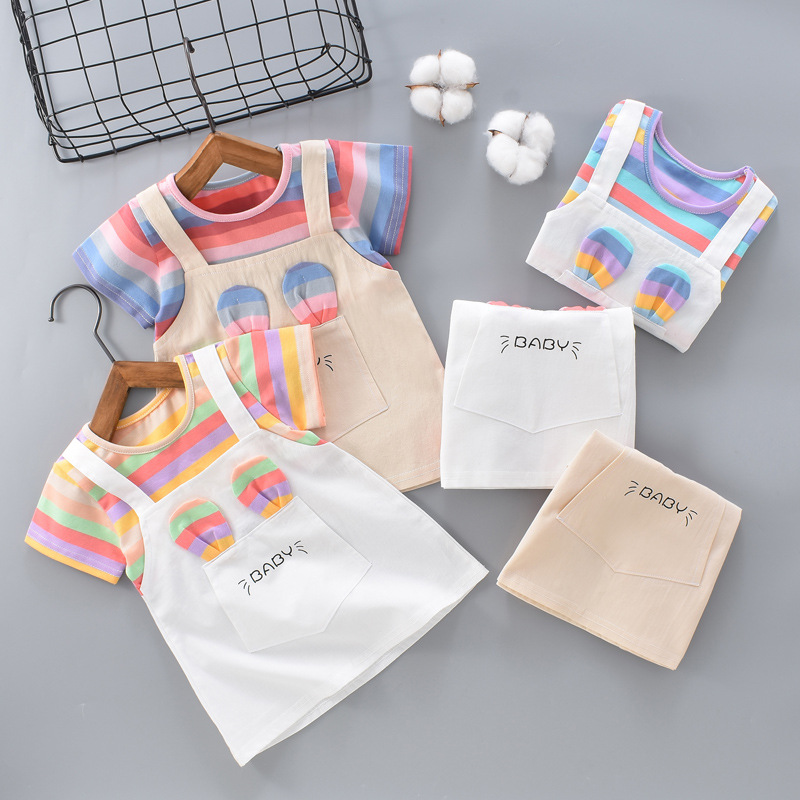 Girls summer dress 2025 new style cotton thin summer short sleeve girls children's skirt fake two pieces