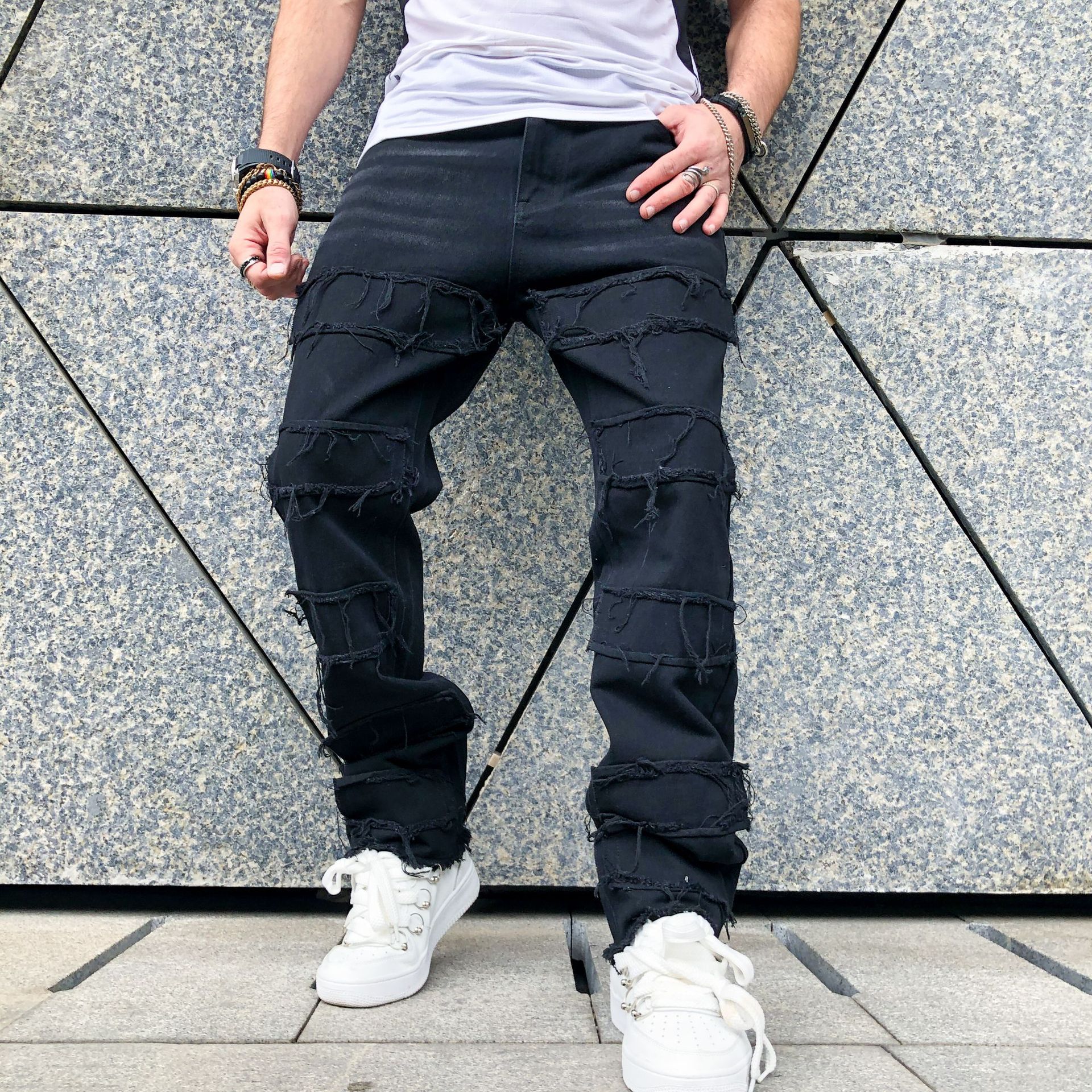 2023 cross-border foreign trade retro casual jeans men's American-style black loose trousers high street wide-leg pants self-shot picture