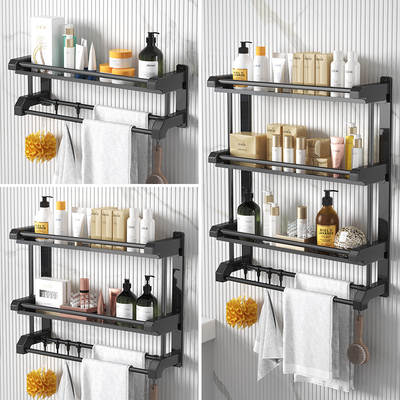 Stainless steel non-perforated bathroom shelf wall-mounted bathroom towel rack black kitchen storage rack factory generation