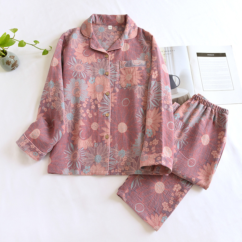 Retro printed pajamas women's spring and autumn yarn-dyed cotton gauze double-layer thin loose long sleeve home wear suit