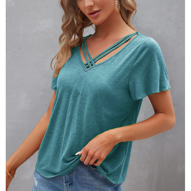 2023 Summer New Independent Station Amazon Hot Selling European and American Women's Solid Color Lotus Leaf Sleeve Short Sleeve Top T-shirt