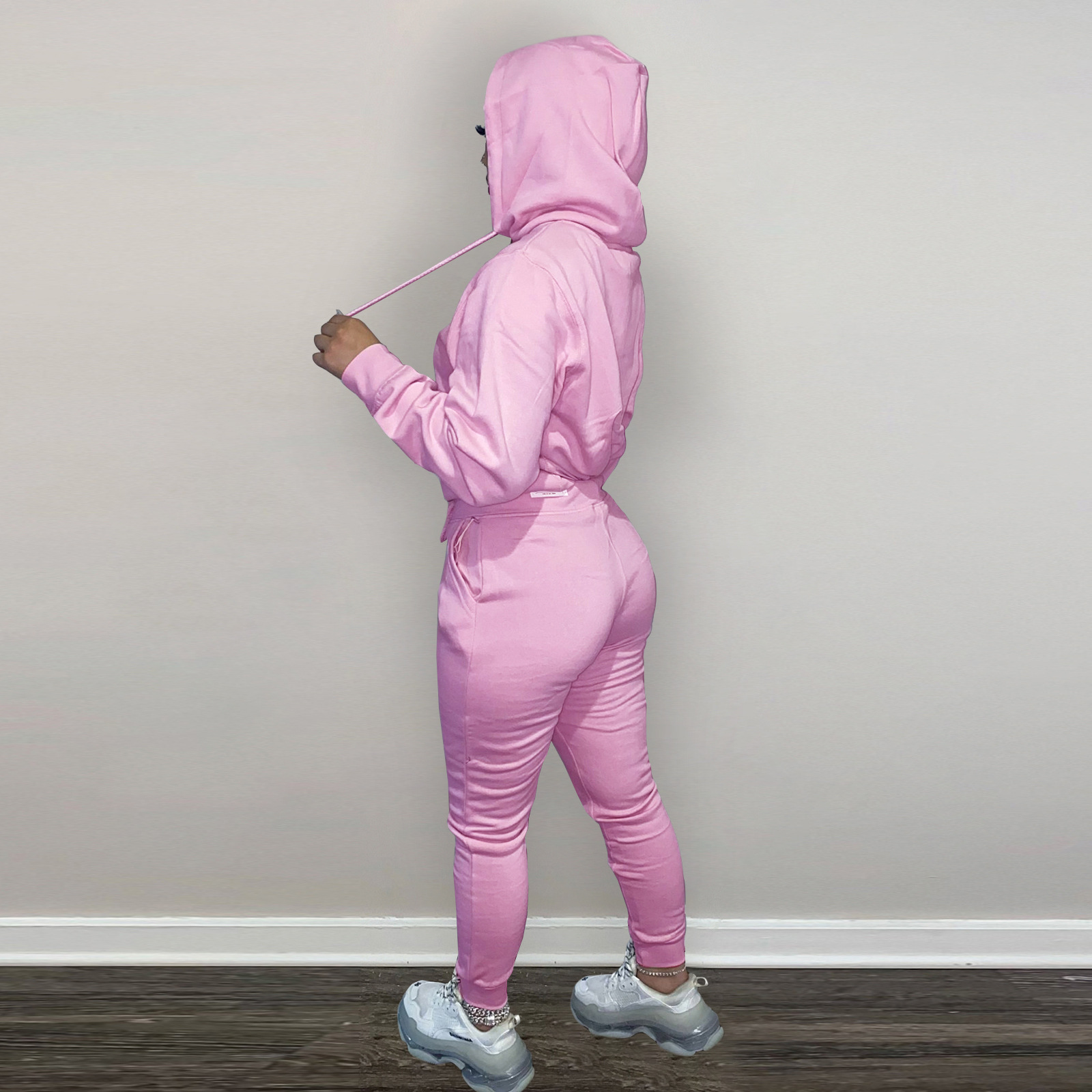 HR8197 European and American women's clothing  independent station supply autumn and winter plus velvet drawstring hooded two-piece set_voghion.com