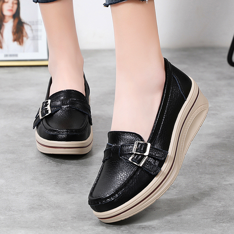 Spring and Autumn New Casual Thick-soled Wedge Large Size Slip-on Women's Single-layer Shoes Round-toe Metal Buckle Set-up Shoes for Moms