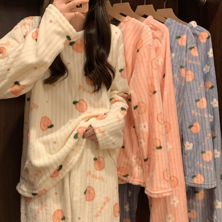 Autumn and Winter Coral Velvet Pajamas Women's Flannel Thickened Long-sleeved Home Clothes Peach Cotton Velvet Fashion plus size suit