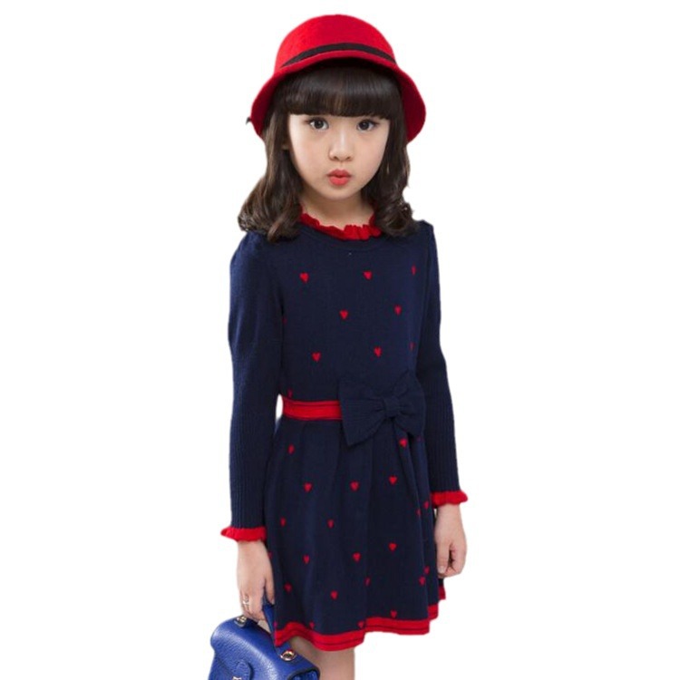 Girls' sweater fleece-lined dress color selection dress long sleeve round neck bow stitching Korean princess dress