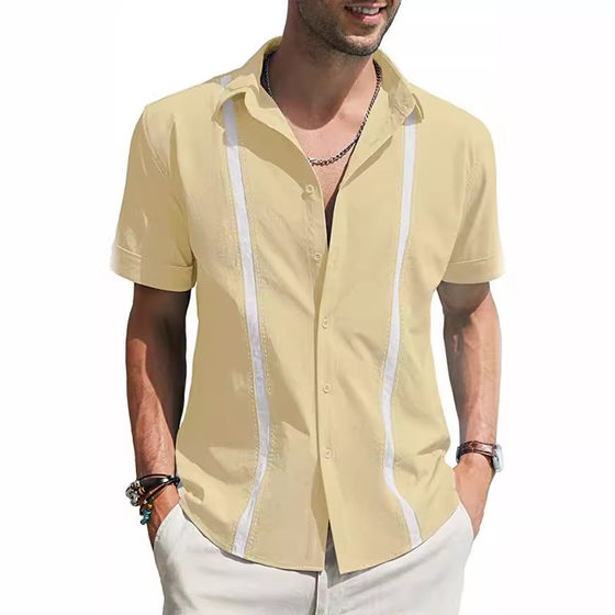 Amazon AliExpress Summer Men's Lapel Colorblock Short Sleeve Linen Shirt Cuban Shagua Abella Shirt