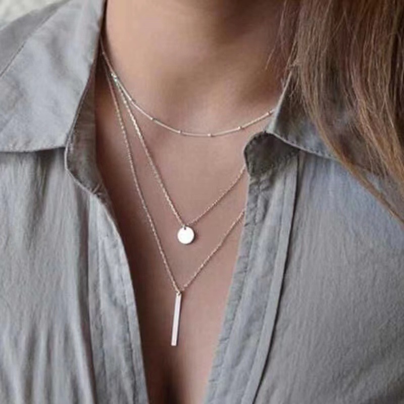 Europe and the United States cross-border new fashion clip bead chain multi-layer necklace simple round piece metal rod pendant clavicle chain