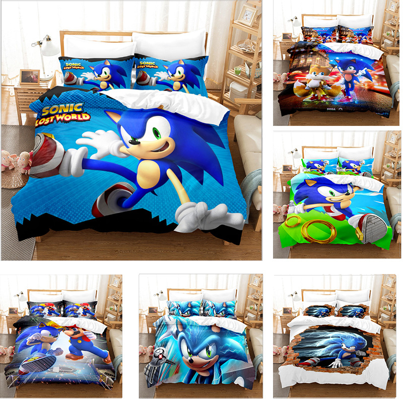 Sonic Sonic Cross-border Cartoon Animation Printed Bed Sheet Quilt Cover Three-piece Set for Drawing and Sample Printing