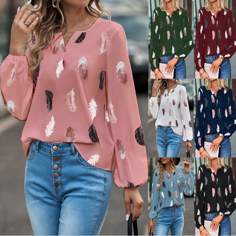 2023 Cross-border New Amazon European and American Women's V-neck Feather Printing Long Sleeve Loose T-shirt Women's Top