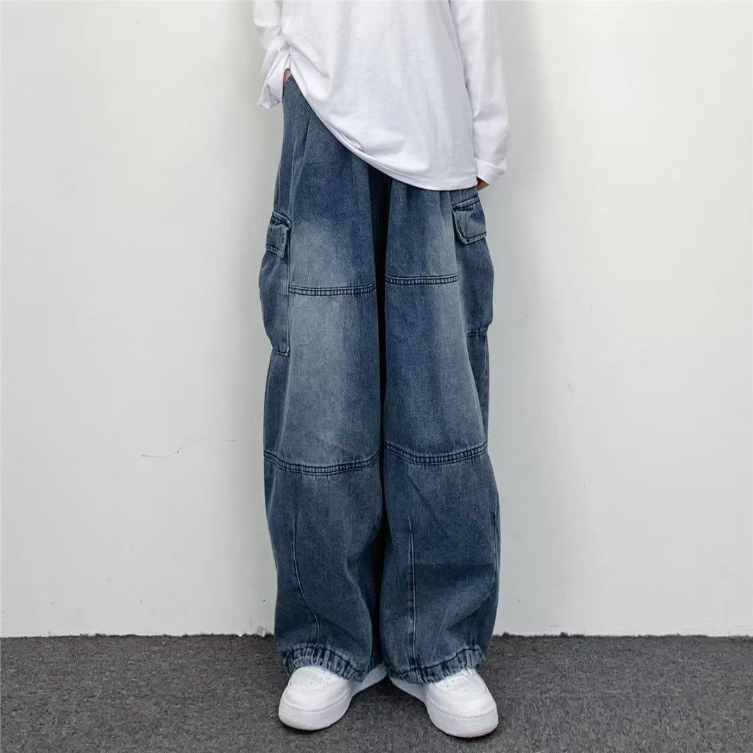 Trendy Brand Hong Kong Style Retro Draping Loose Wide Leg Casual Large Pocket Workwear Denim Washed New Torre Pants for Men and Women