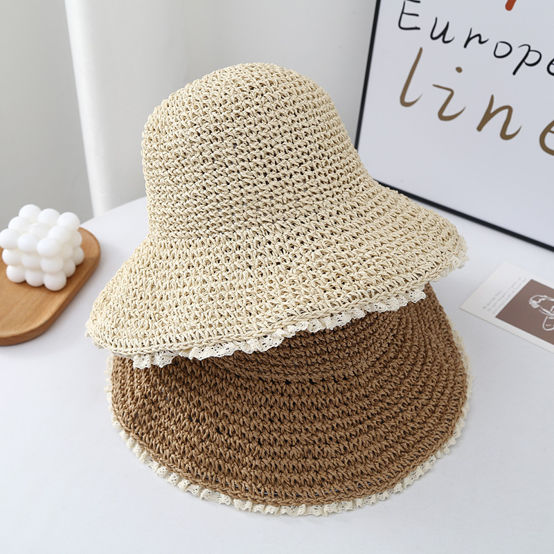 Summer vacation casual big brim sun hat straw hat female fresh lace solid color all-match fisherman hat Korean style
