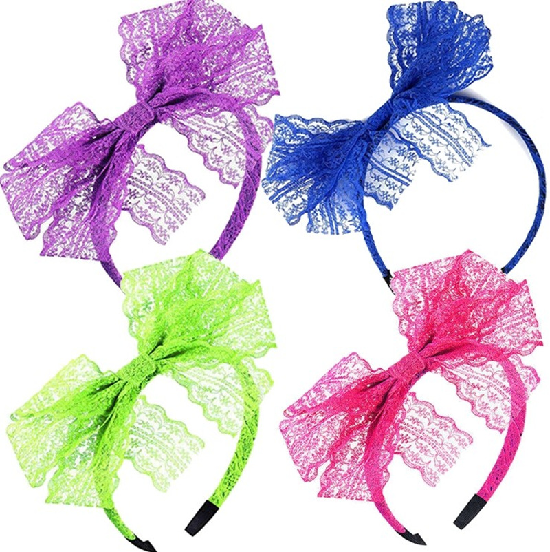 Cross-border Amazon Hot Sale Ladies 1980s Party Accessories Retro Lace Bow Head Hoop Head Buckle Head