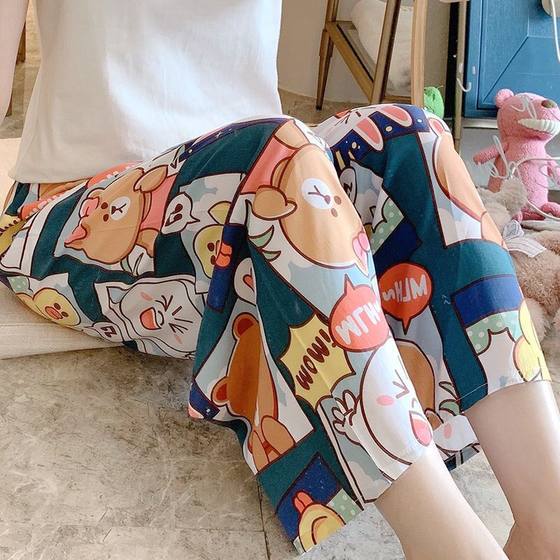 Cotton Silk Pajama Pants Women's Summer Thin Cartoon Printed Casual Wide Leg Pants Pregnant Women's Outer Wearing Foreign Trade Pants Single Pants