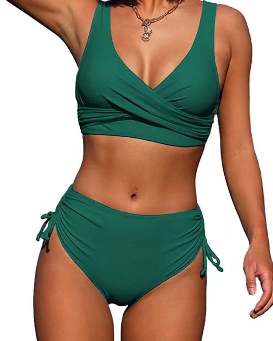 Swimsuit split bikini solid color cross strap Amazon high waist swimsuit European and American foreign trade sexy biki