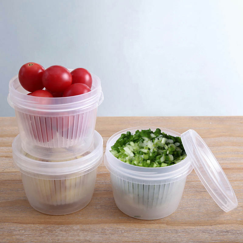 Refrigerator Fresh-keeping Box Ginger, Garlic and Scallion Storage Box Household Portable Round Transparent Draining Double-layer Fresh-keeping Bowl Sealed Box