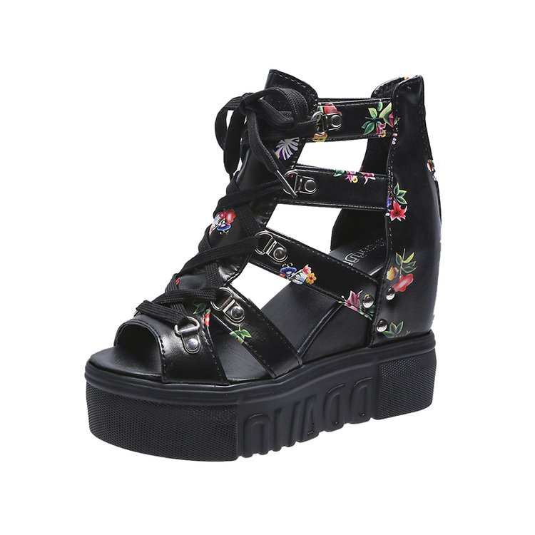Fishmouth Sandals Women's Hollow Inner Height Breathable Mesh Shoes Platform Thick Bottom Wedge Heel High Heel 11cm Roman Student Sandals