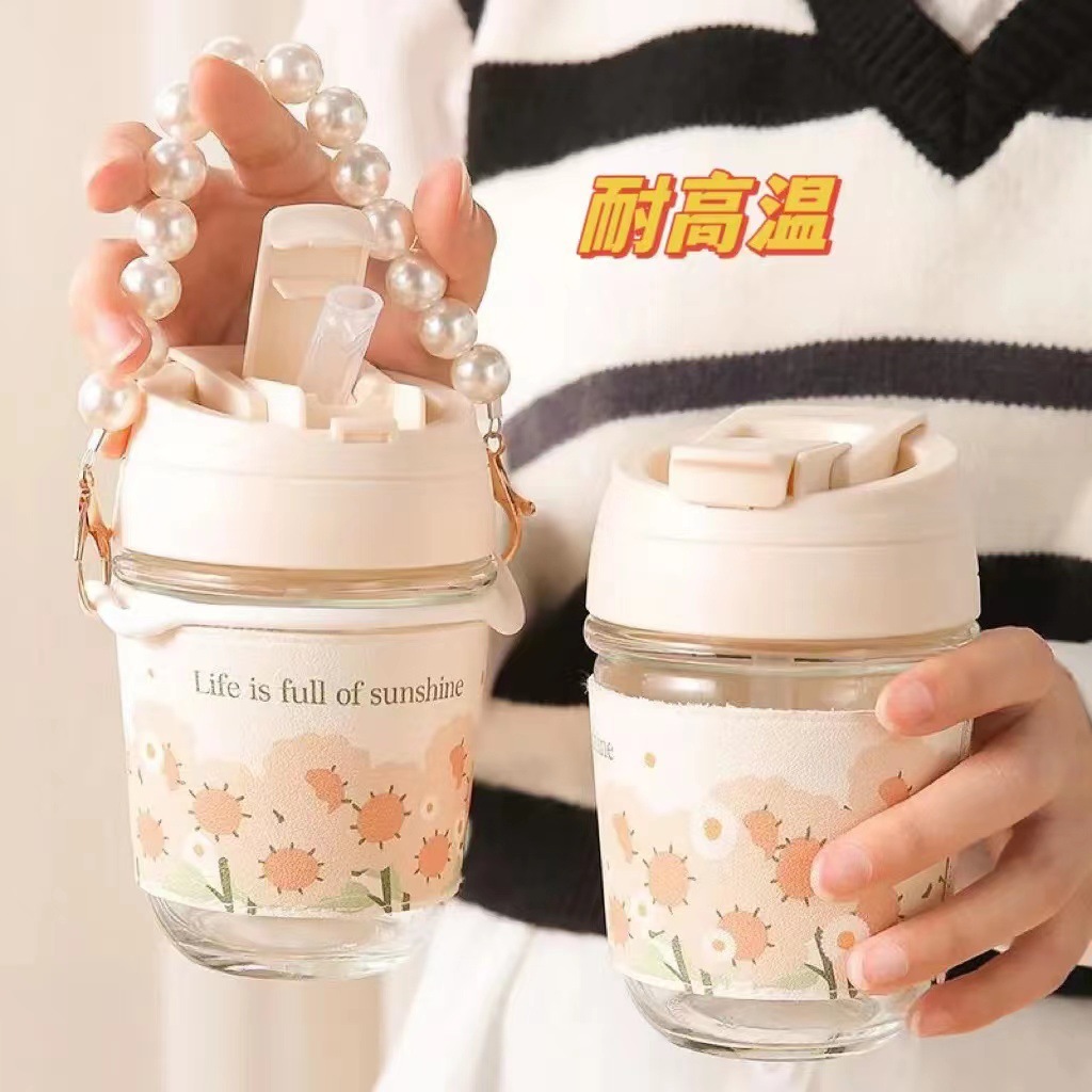 Creative Pearl Bracelet Double Drink Cup ins High Color Value Four Seasons Small Spring Breeze High Temperature Resistant Glass Suction Tube Cup Water Cup