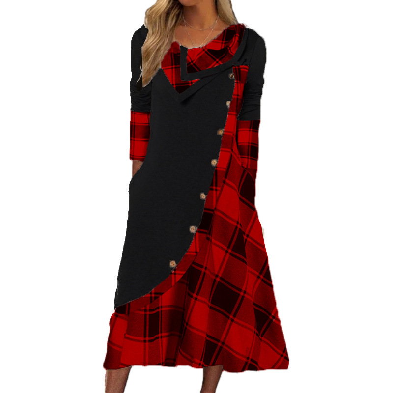 Europe and the United States cross-border Women's plaid printing stitching with pocket pile collar large size long sleeve dress factory outlet