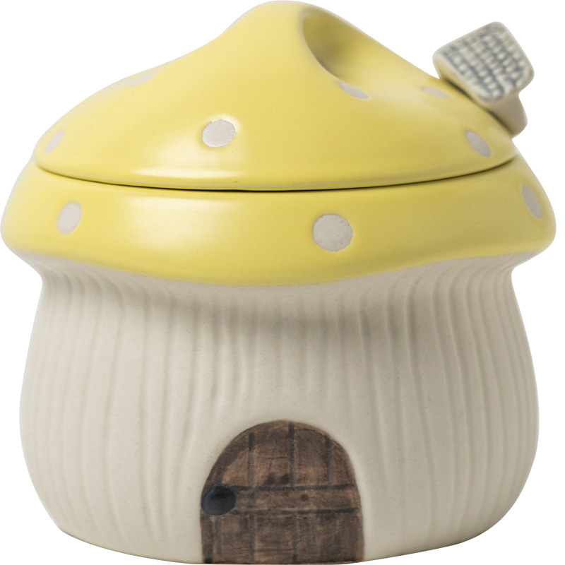 Original ins cocoa love household ceramic mushroom shape seasoning Jar Kitchen salt jar with lid and spoon high color value