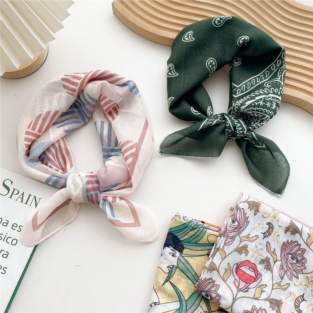 58 Cotton and Linen Small Square Scarf Women's Korean Style Internet Popular Spring and Summer Decorative Neck Protecting Small Scarf Scarf Western Style Fashion Trendy