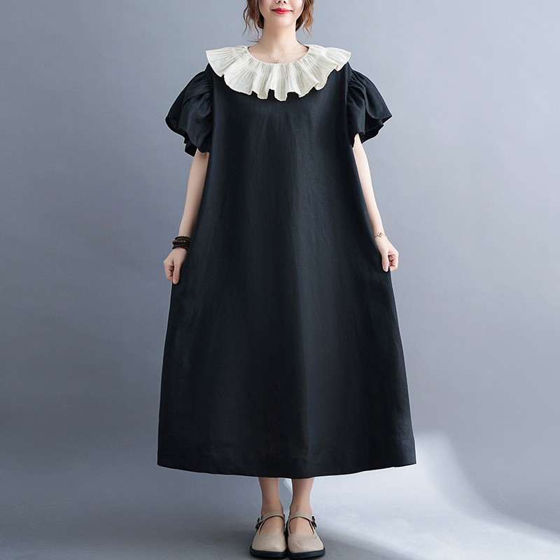 Actual shot of  new summer style trumpet sleeve lotus leaf collar black cotton and linen women's fat MM large size doll collar cotton and linen dress