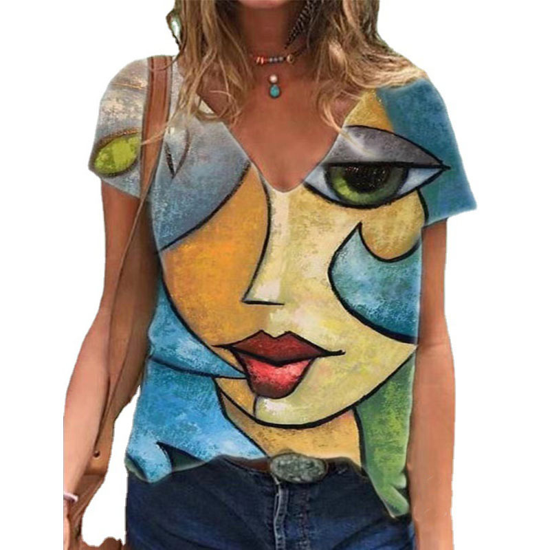 wish European and American fashion new abstract character positioning printed V-neck pullover T-shirt women's tops