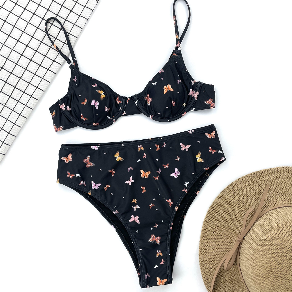 Amazon European and American Foreign trade Women's split swimsuit butterfly printed steel bracket gathered high waist bikini 9980