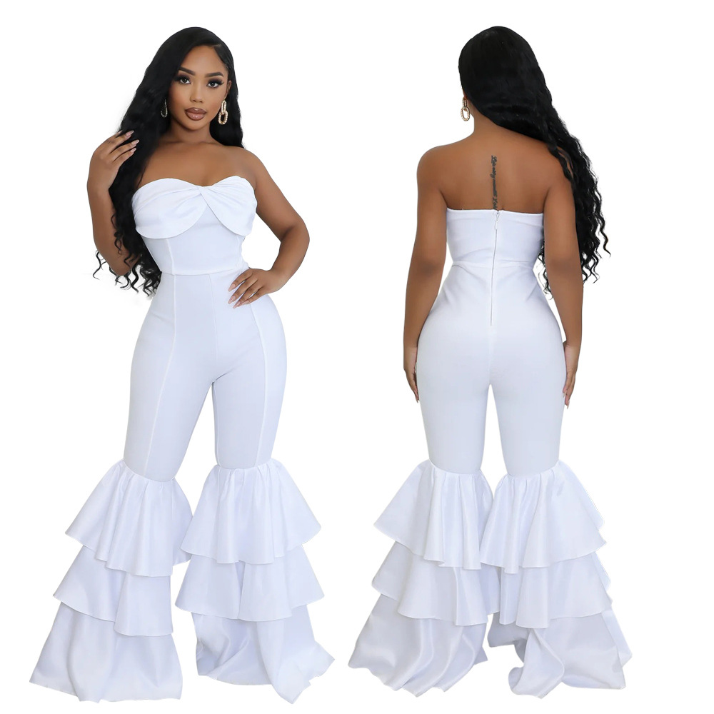  New Fashion Sexy Strapless Solid Color Pleated Lace Jumpsuit Women