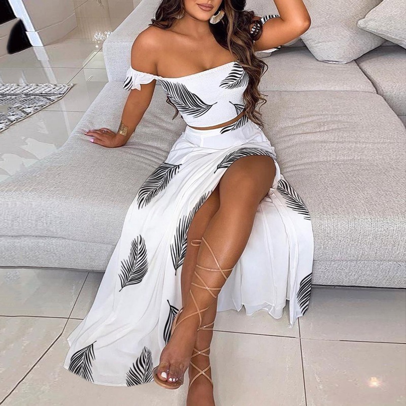2022 European and American Summer Slim Fit French Bohemian Print Mid-length Vintage Tube Top Dress for Women