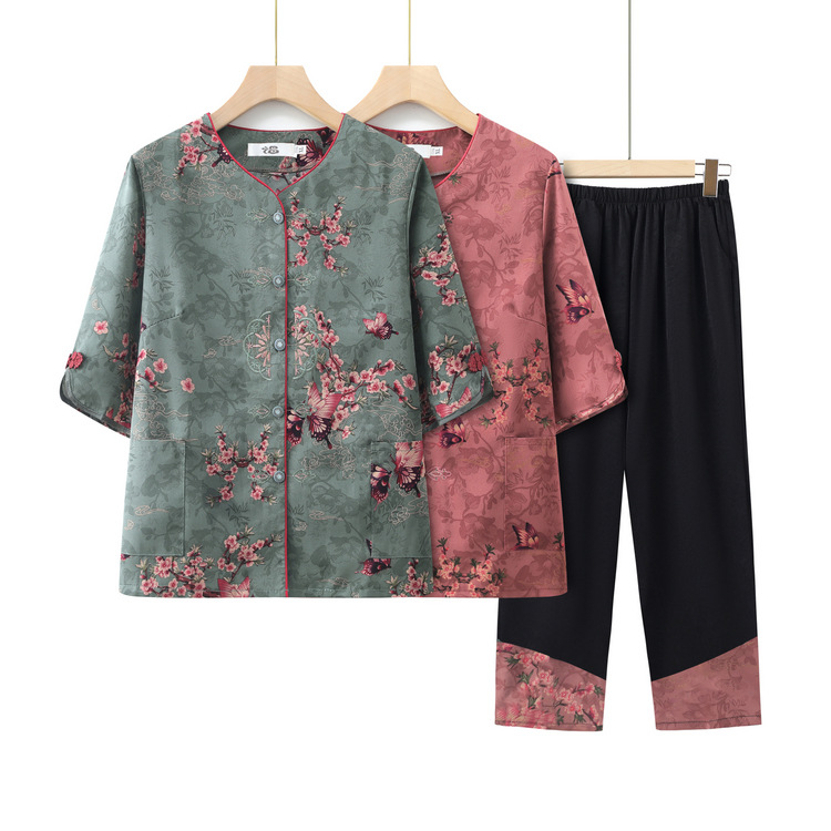 Grandma Summer suit Middle-aged and Elderly Women's Half-sleeved Shirt for Mother Two-piece Set Old Man's Wife Summer Loose Cardigan