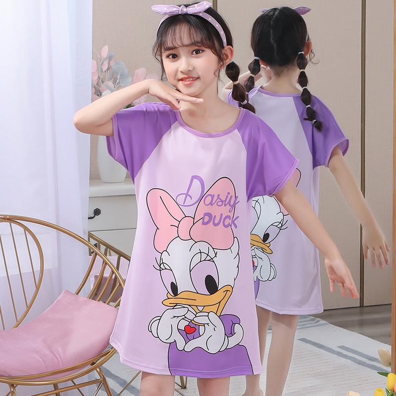 Children's Nightdress Girls' Pajamas Summer Short-sleeved Baby Thin Korean-style Little Girl's Cartoon Mid-size Big Children's Home Dress Skirt