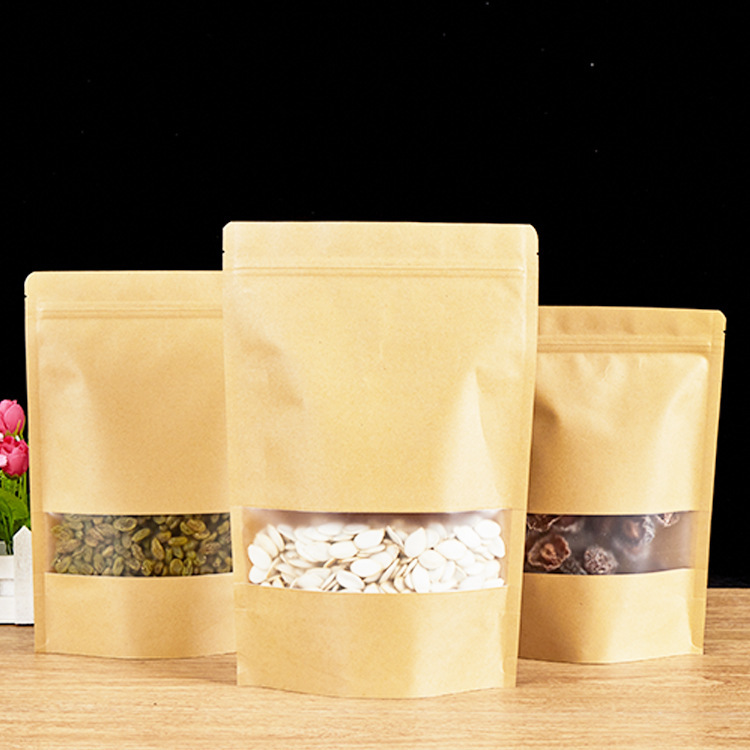 Frosted window Kraft paper bag packaging bag self-standing self-sealing bag Kraft paper bag tea nut Kraft paper bag