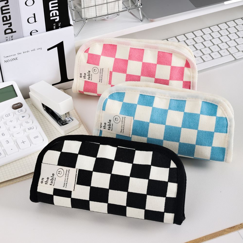 ins style black and white checkerboard pencil bag large capacity stationery bag canvas student simple high value pencil bag wholesale