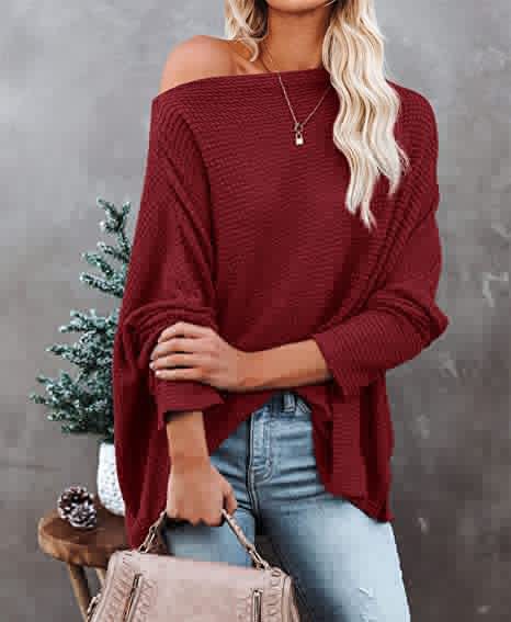 Women's knitted top waffle slanted shoulder 2023 new autumn Amazon Europe and America cross-border women's regular top