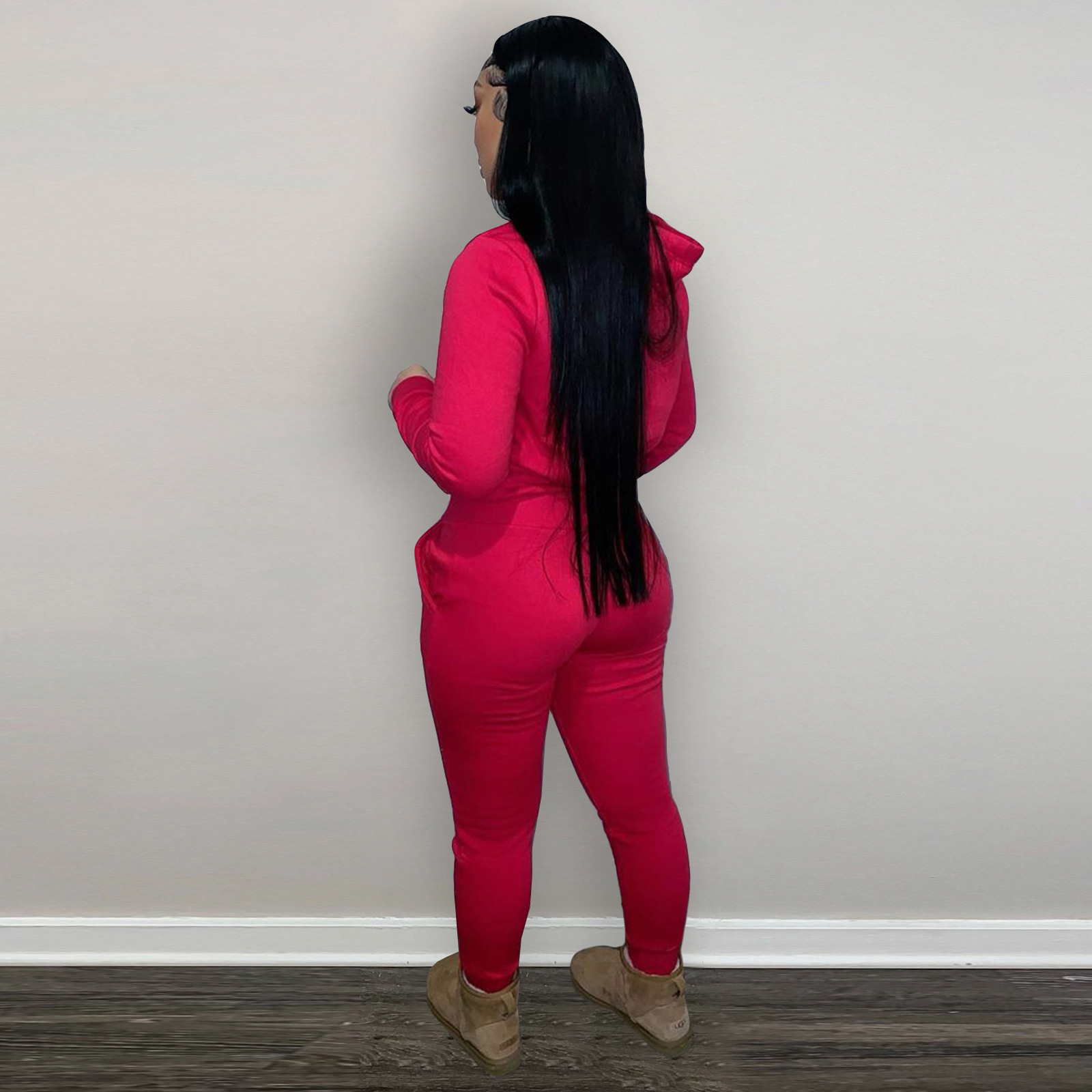 HR8197 European and American women's clothing  independent station supply autumn and winter plus velvet drawstring hooded two-piece set_voghion.com