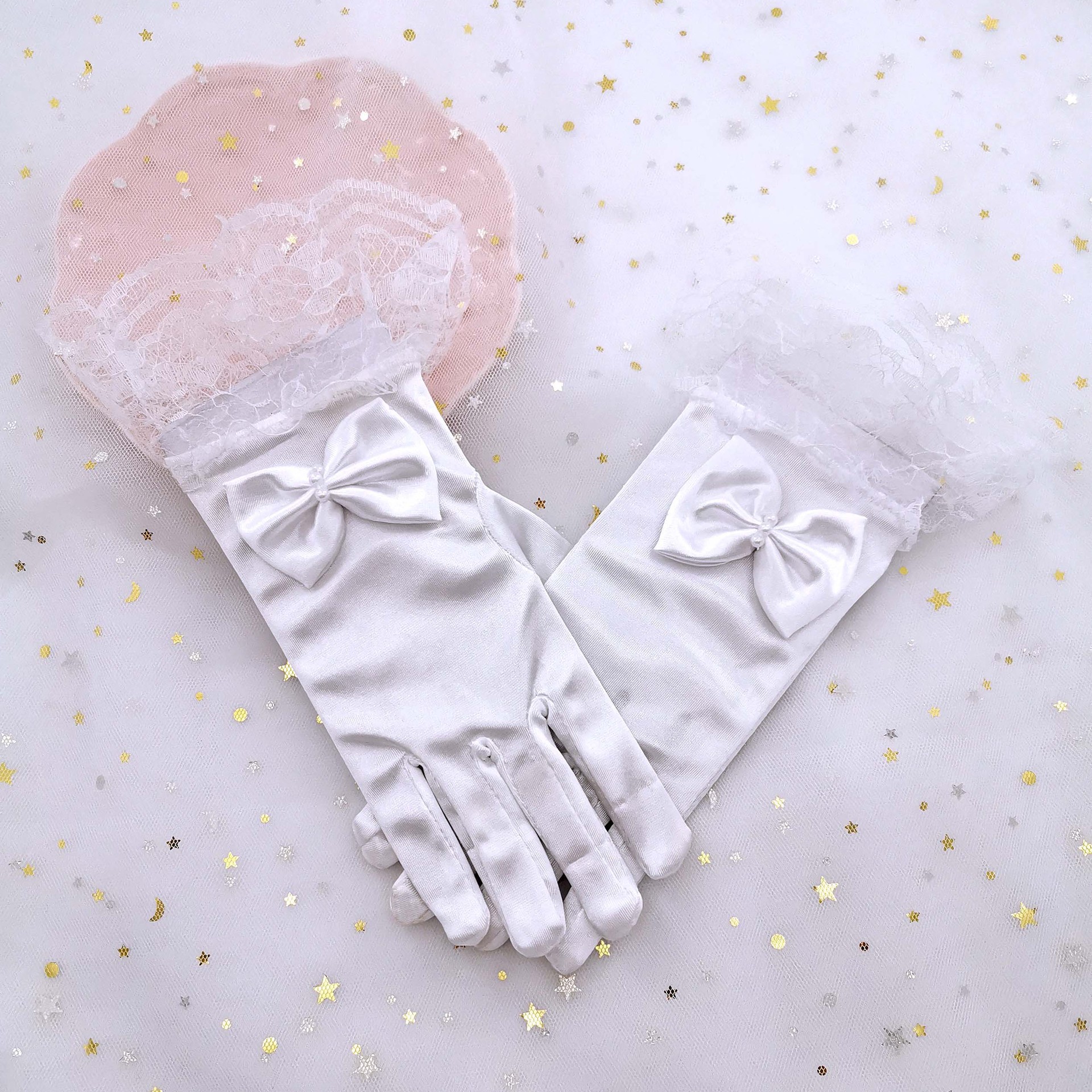 Girls' Gloves Lace Bow Satin Stretch Children's Flower Girl Dress Performance Dance Etiquette Foreign Trade Cross-Border