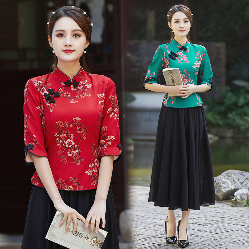 Spring and Summer New Tang Suit Retro Improved Cheongsam Suit Chinese Hanfu Ethnic Chinese Style Top Women's Performance Costume