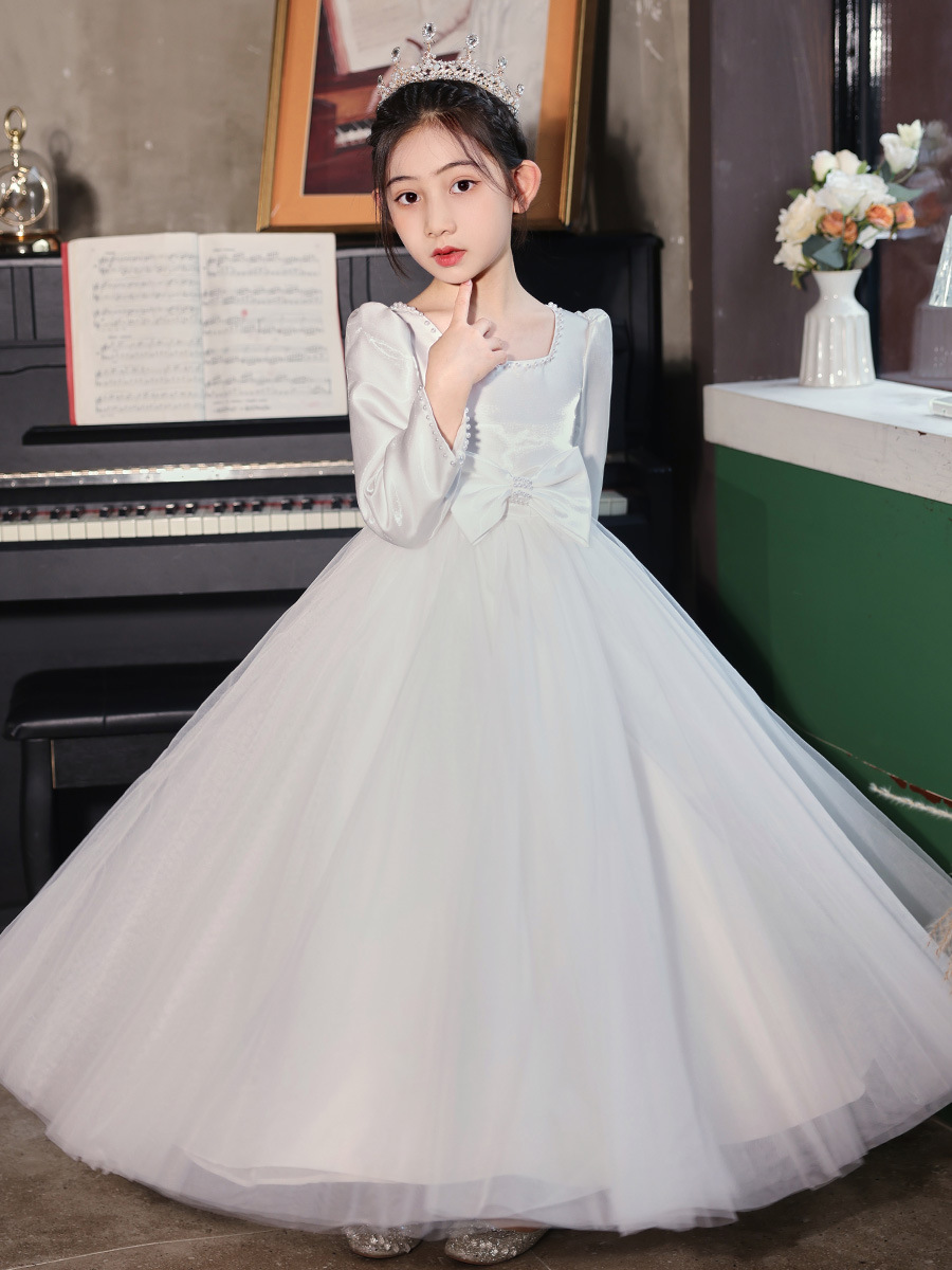女童白色婚紗裙長袖連衣裙長裙春秋冬兒童長款公主裙大童演出禮服