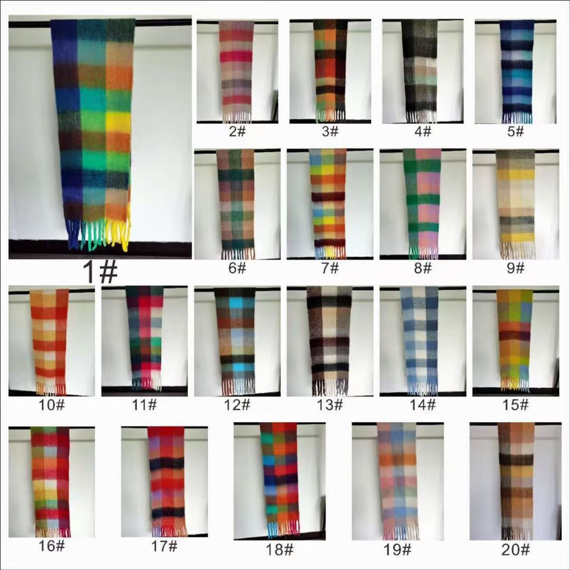 Scarf Women's Winter ac Double-sided Rainbow Plaid Shawl Long Hippo Hair Color-block Scarf Men's Same Tassel