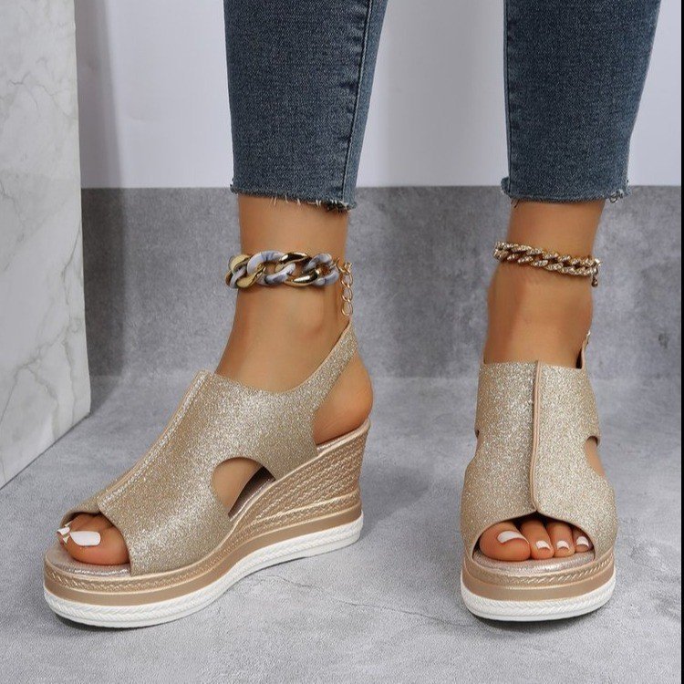 AliExpress wish Belt Buckle Wedge Sandals Women's 2023 New Mid-heel Platform Thick Bottom Hollow Peeple Sandals