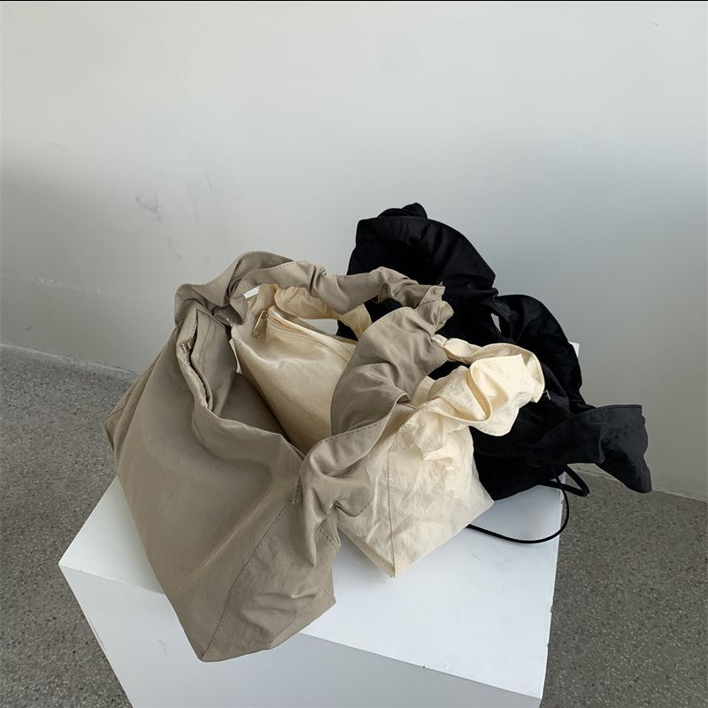 Canvas Bag Women's Korean-style Single-shoulder Pleated Drawstring Canvas Bag Small Fresh Artistic Solid Color Portable Crossbody Casual Women's Bag_voghion.com