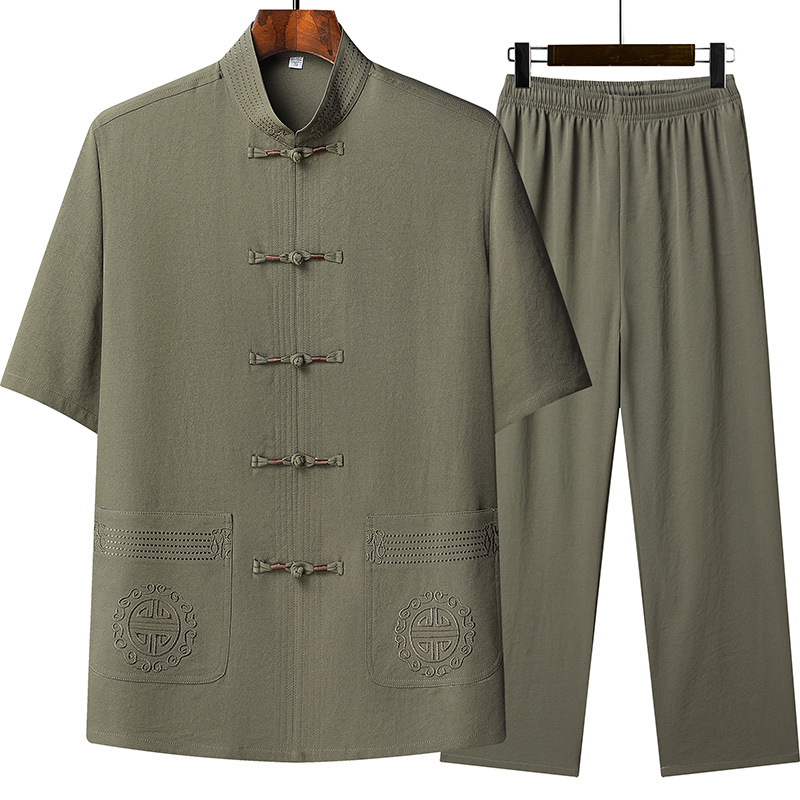 Middle-aged and elderly men's Tang suit short-sleeved summer thin ethnic style dad grandpa suit clothing for the elderly Zhongshan