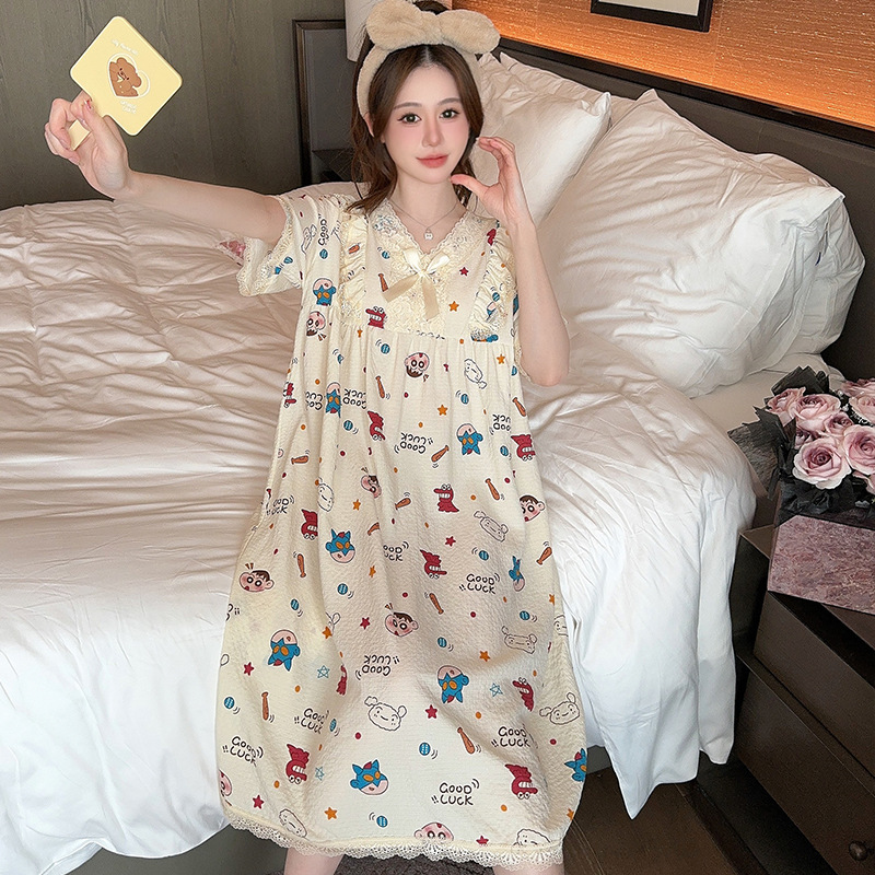 Summer Nightgown Women's Cute Cartoon Ins Princess Style Short-sleeved Mid-length Nightgown Plus Fat Plus Big Fat Women's Home Clothes