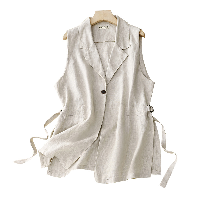 2024 new summer style large size cotton and linen vest mid-length thin sleeveless suit vest with loose women's waistcoat