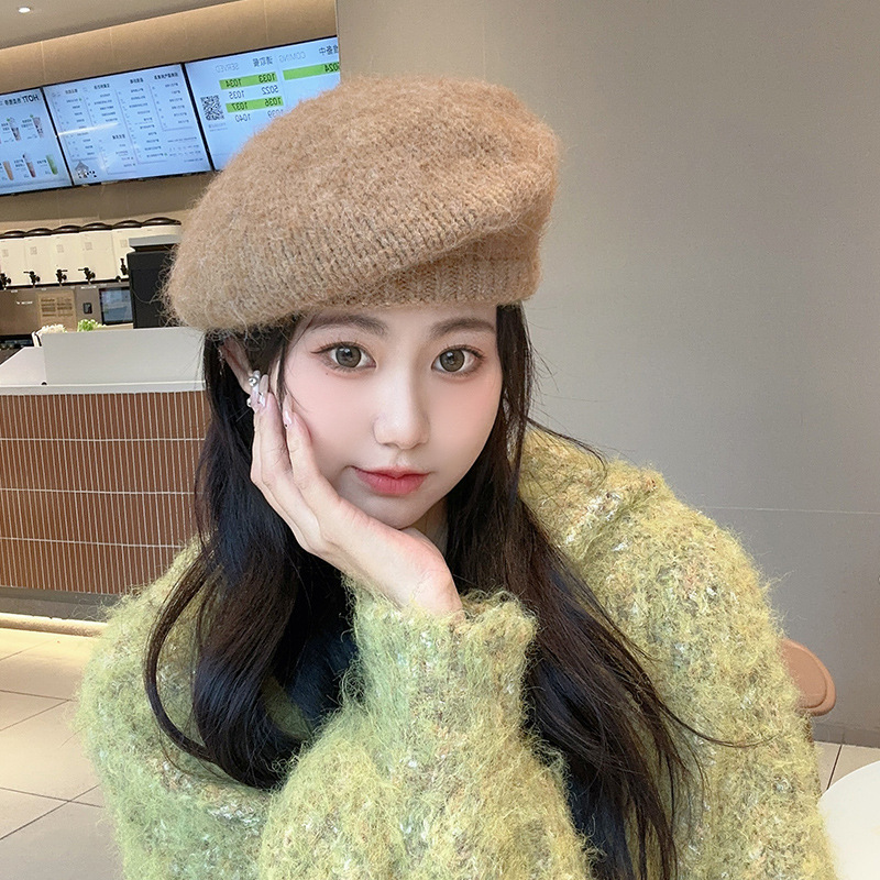 馬海毛針織貝雷帽女秋冬文藝復古毛絨毛線帽顯臉小保暖羊毛畫家帽