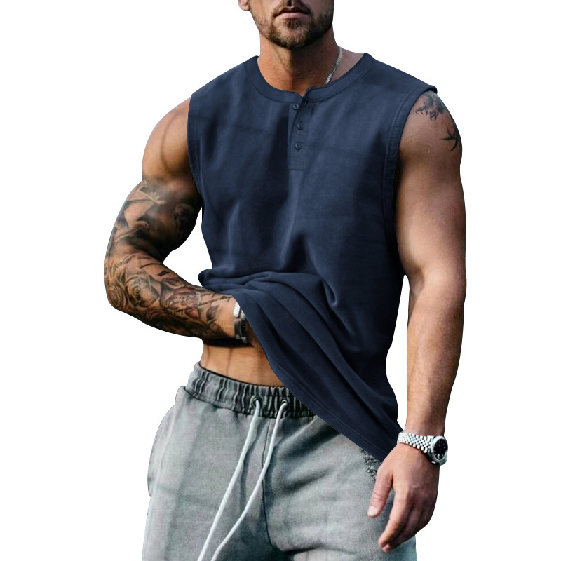 2023 European and American Summer Men's Sleeveless Wide Shoulder Basketball Vest Large Size Round Neck Slim-fit Waistcoat Solid Color T-shirt Men's Back