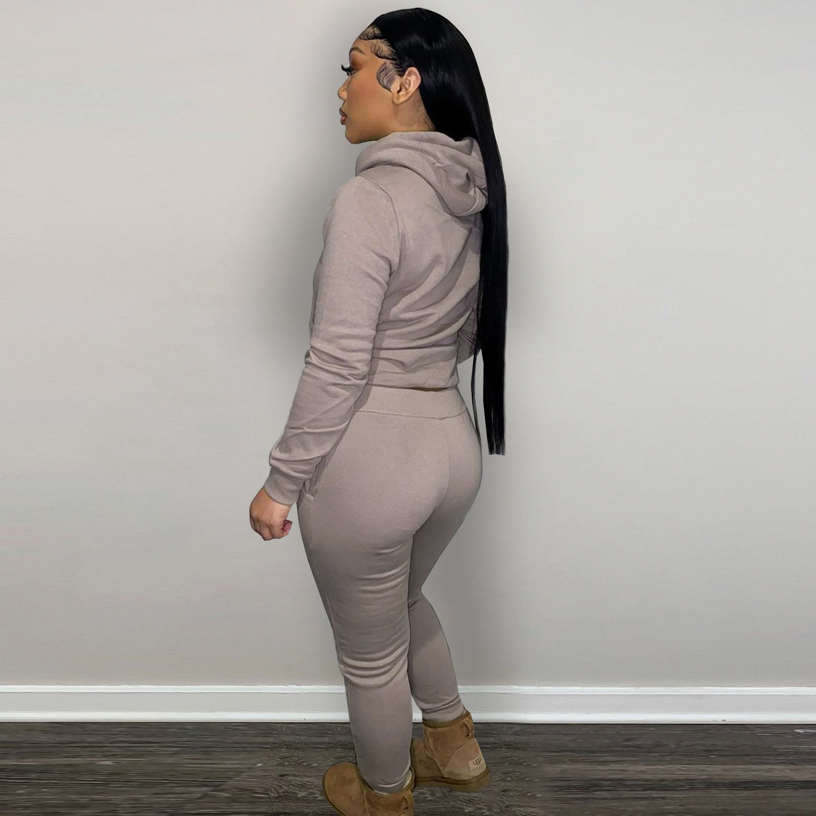 HR8197 European and American women's clothing  independent station supply autumn and winter plus velvet drawstring hooded two-piece set_voghion.com