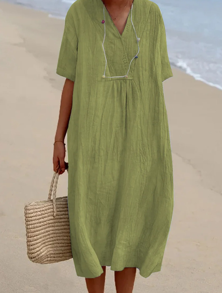 2024 Amazon Explosions Cotton and Linen in stock Women's Solid Color Large V-Collar Fashion dress